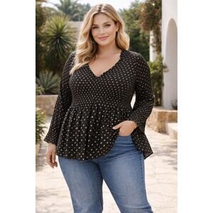 Melissa Paige 1X Black Gold Polka Dot Smocked Peplum Blouse Boho Stretch Top